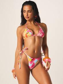 MISSGUIDED Women's Tropical Fruit Print Halter Triangle Bikini Set With Tie Side String Bottom Summer Beach Swimwear - Multicolor - View 3
