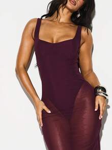 KIZN Vestido largo ajustado de mujer de cuello cuadrado sin mangas color burdeos con detalle de cintura fruncida para fiestas, eventos y cócteles - Burdeos - Ver 5