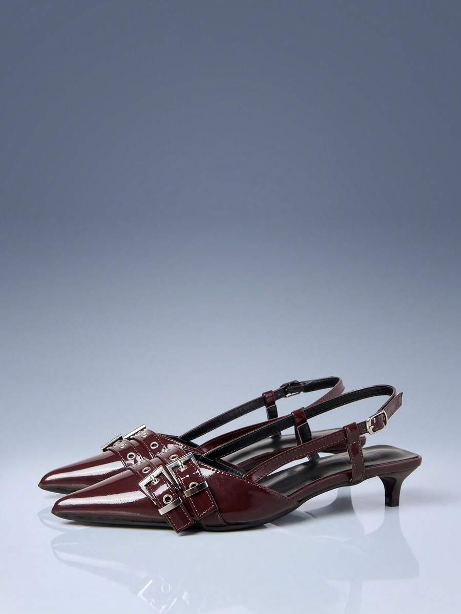 CUCCOO GRLICON Vintage Wine Red Patent Leather Pointed Toe Shoes With Multiple Buckle Decor And Kitten Heels, Motorcycle Style Suitable For Casual, Vacation, Travel In Spring/Summer, 2000s Fashion - Brown - View 1