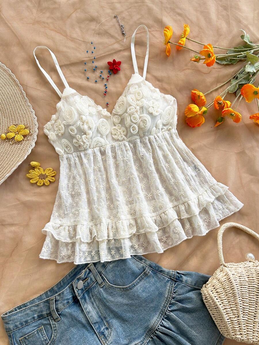 Soleia Women's Vacation Floral 3D Decor Ruffle Hem Camisole - Apricot - View 1