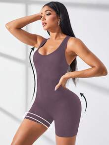 Easithlete Einfarbiger/gerippter Strick/nahtloser Sport-Jumpsuit - Violett - Übersicht 3