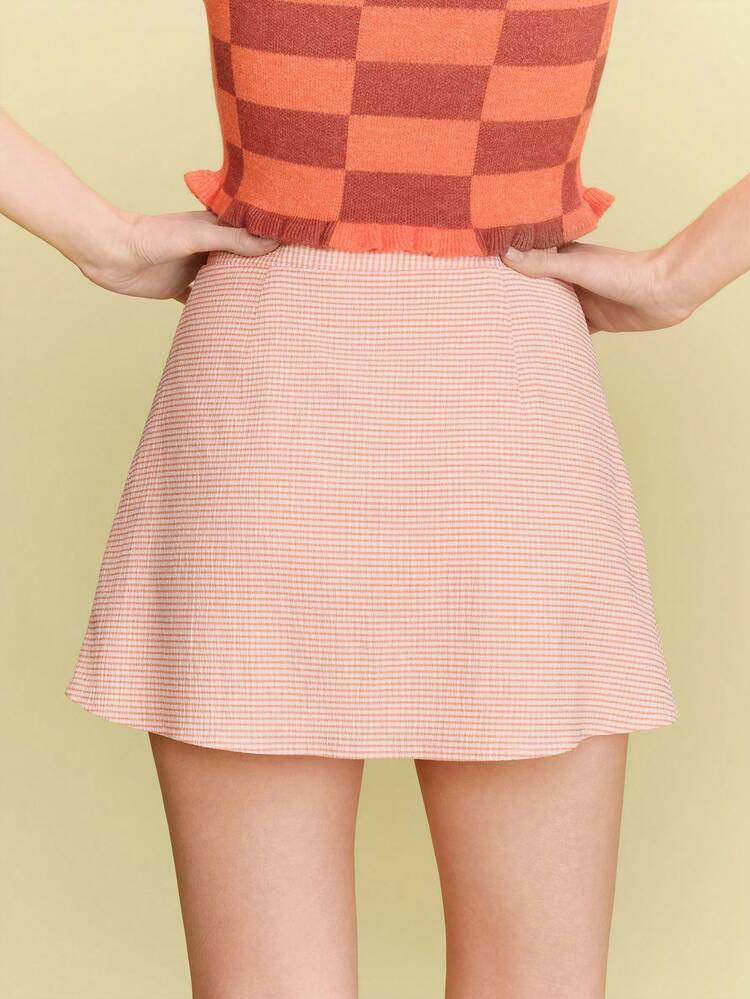 Orange Check Print Mini Wrap Skirt With Button Fasten Cute Vintage Spring Summer Parisian Style French Style Vacation Skirt Going Out Skirt Checkered Skirt