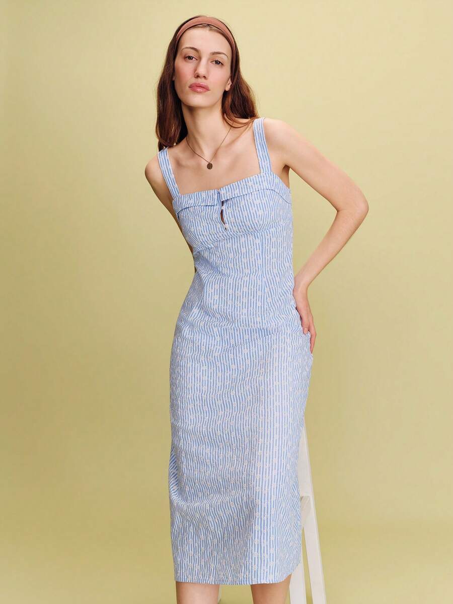 lacRébo Đầm midi không tay kẻ sọc với họa tiết hoa và cúc cài ngực, thích hợp cho mùa xuân và hè. Phong cách Pháp, Paris. - Xanh và trắng - Xem 1