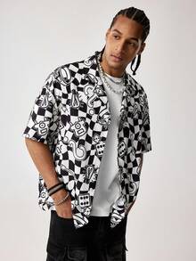 MONOPOLY X SHEIN Men's Checkerboard Short Sleeve Single-Breasted Casual Shirt, MONOPOLY - Black and White - View 3