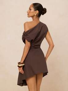 Lumalex 女士纯色不对称下摆褶皱肩部时尚连衣裙 - 棕色 - 查看 9