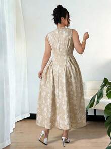 Elenzga Plus Size Women's Elegant French Style Embroidery Print Sleeveless Waist Cinched Jacquard Midi Dress,Beige Summer Wedding Bridal Wedding Guest Dress - Apricot - View 2