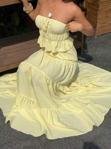 Sunnyshic 黄色泡泡褶皱抹胸上衣，系带设计，搭配低腰层叠荷叶边半裙，女士，春夏度假风波西米亚浪漫简约优雅百搭套装 - 黃色 - 查看 8