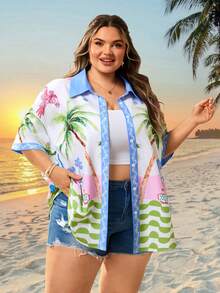 SHEIN CURVE+ Curve 尺码 US22 音乐节、海滨度假、波西米亚风女士假日印花宽松休闲衬衫，夏季沙滩装 - 杏色 - 查看 6