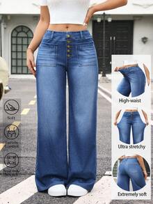 Flexra Women's Casual Pocket Versatile Daily Wear Wide Leg Jeans - Blue - View 1