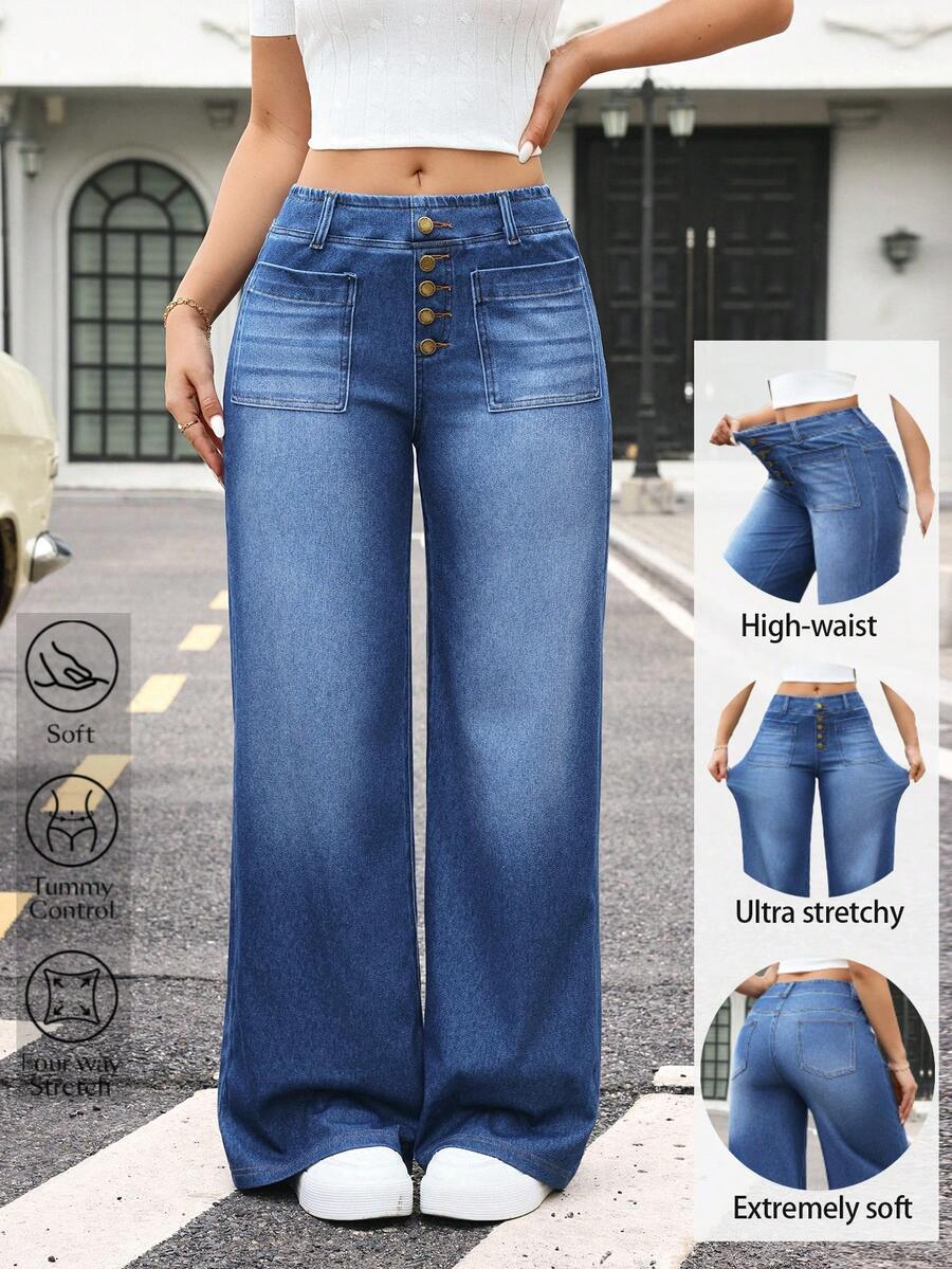 Flexra Women's Casual Pocket Versatile Daily Wear Wide Leg Jeans - Blue - View 1