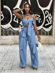 Slaydiva Women's Fashion Avant-Garde Asymmetric Criss-Cross Single Side Tie Strap Zipper Closure Fitted High Waist Denim Jumpsuit - Blue - View 1