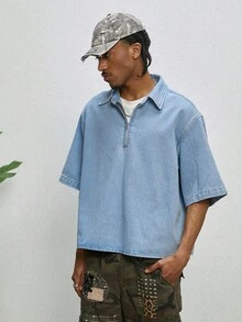 GALLERY FADE Loose Collar Open Slit Striped Short Sleeve Polo Casual Versatile - Light Wash - View 5