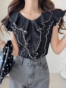 FRIFUL Blusa elegante con volantes y textura para mujer en verano - Negro - Ver 6