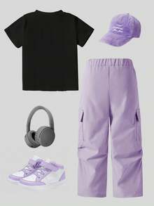 SHEIN 两件套时尚休闲套装，适合春夏穿着，英文标语印花，适合女孩和青少年，黑色T恤和紫色工装裤。 - 紫色 - 查看 3