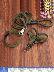 Three Pieces Set Of Large Dog Thick Braided Nylon Rope, Pet Leash, Collar - Army Green - View 3