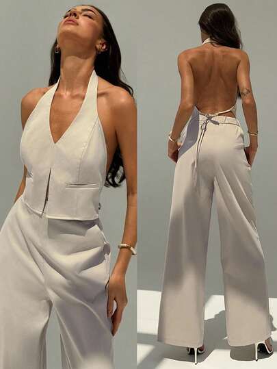 Aloruh Spring/Summer Office Lady V-Neck Sleeveless Top With Open Back & Wide Leg Pants, Slimming And Lengthening Outfit For Streetwear  Summer Outfits For Women Valentine's Linen-Style Two-Piece Set/Apricot-Colored Suit/Commuter Wide-Leg Pants Suit Going Out Casual Sets For Women