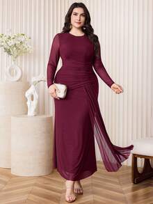 Modelyn Plus Size Women Solid Color Pleated Long Sleeve Elegant Dress - Burgundy - View 4