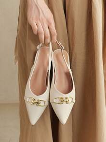 女士新款时尚舒适优雅尖头无后跟绑带粗跟一脚蹬高跟鞋，适合搭配连衣裙，显瘦 - 米色 - 查看 1