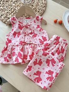 LMoss Kids Bộ đồ 2 món LMoss cho bé gái, gồm áo cổ tròn kẻ sọc trang trí nơ và quần legging, bộ đồ hai mảnh cho bé gái mùa hè, bộ đồ 2 mảnh màu hồng in hình nơ. - Nhiều màu - Xem 4