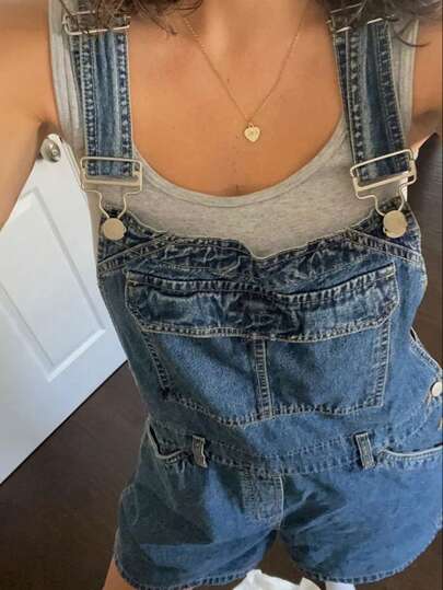 Livesso Women's Solid Color Minimalist Casual Denim Bib Pants And Jumpsuit