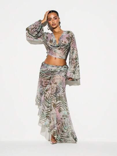 KIZN Women's Mixed Animal Print Ruched Asymmetrical Hem Flowy Maxi Skirt With High Low Design For Fall Winter Boho Chic Style