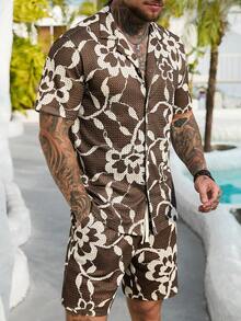 VENTUSAIL Conjunto de camisa de manga corta y pantalones cortos con estampado floral marrón y blanco de punto de malla retro casual para hombres, conjunto de pantalones cortos marrón, conjunto de dos piezas de seda marrón para vacaciones, camisa hawaiana para hombres, conjunto de verano de dos piezas marrón para hombres, conjunto de playa marrón y floral de dos piezas para hombres, vacaciones - Marrón - Ver 5