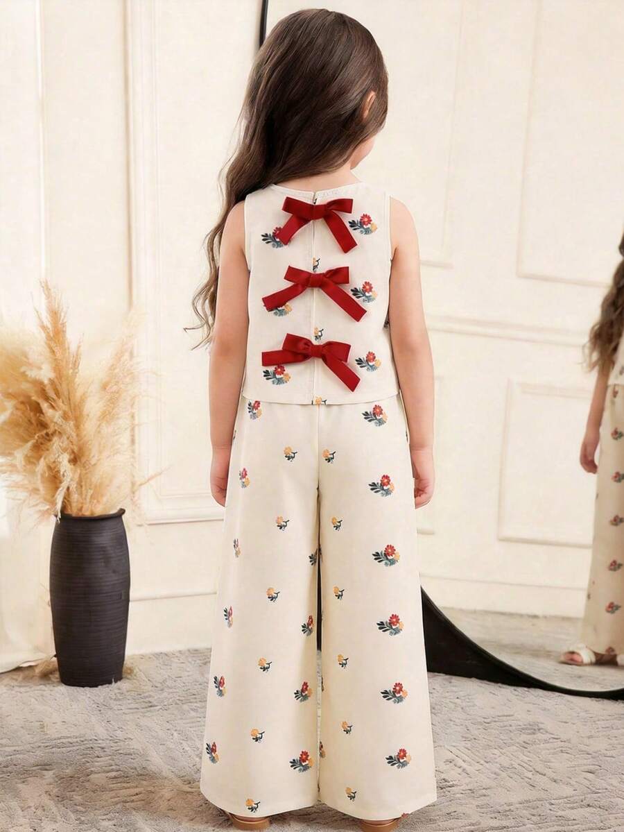 SHEIN Young Girl Ditsy Floral Bow Decor Camisole And Wide Leg Pants Set,Kids - Multicolor - View 1