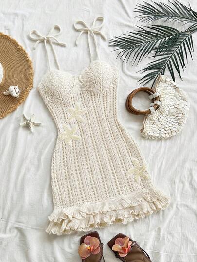 Soleia Vestido de punto con doble volante en el bajo y decoración de estrella de mar en color albaricoque, adecuado para citas, té de la tarde, playa, crucero, vacaciones en la ciudad, temporada de bodas, festival de música