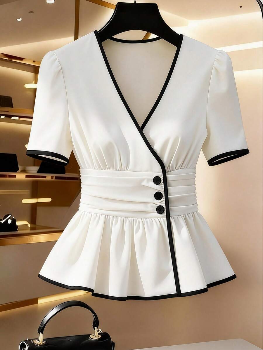 GlowEve Women's Apricot V-Neck Waist Ruched Short Sleeve Ruffle Hem A-Line Contrast Black Trim Versatile Elegant Slim Blouse, Spring/Summer - Apricot - View 1