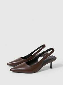 Sleekvia Tacones de aguja de tacón de gatito para mujer, zapatos de trabajo de piel sintética con correa de hebilla, marrón café - Marrón - Ver 4