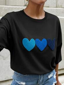SHEIN Cottnline 100%Cotton WHITE OVERSIZE T-SHIRT WITH EMBROIDERY HEART DETAİL - Black - View 2