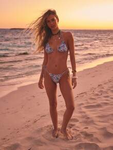 Aralina 3 Piece Set Deco Floral Bikini Summer Spring Swim Vacation Beach Triangle Slider Double Strap Halter Tie Sides Sexy Three Piece Set Swim Bag Blue - Multicolor - View 9