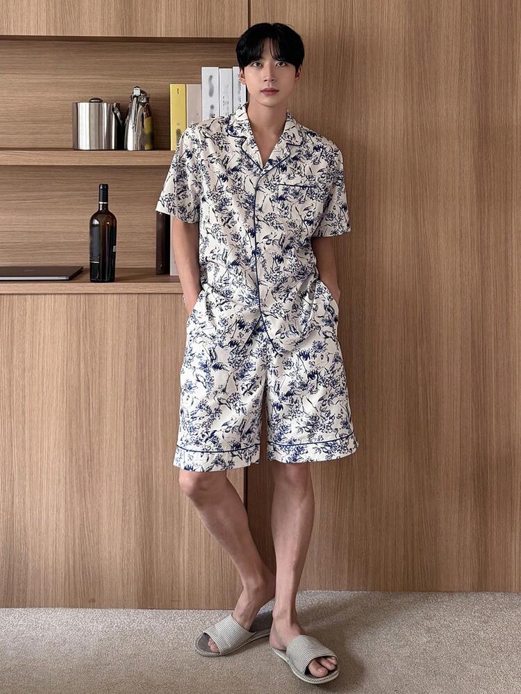 Men's Floral Print Short Sleeve Top And Shorts Pajama Set, Multi-Color, Summer