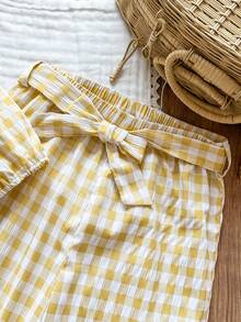 Vintaside Kids 两件套女童格纹不对称单排扣泡泡袖上衣+阔腿裤套装，甜美风格 - 彩色 - 查看 4