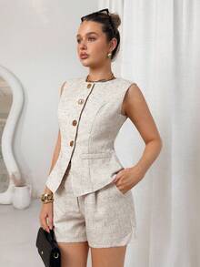 SHEIN Clasi 大码纯色前扣背心和短裤休闲两件套 - 杏色 - 查看 5