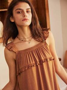 Lullawish Bohemian Ruffle Hem Casual Vacation Comfortable Loose Long Dress For Women - Rust Brown - View 6