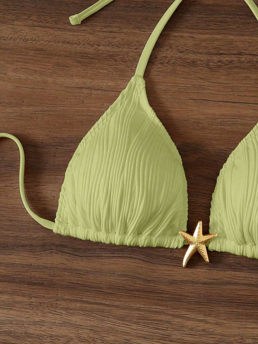 Swim Mod Women's Solid White Crochet Halter Backless Tie Back Beach Swimwear Top - Limelight Green - View 1