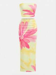 SHEIN Girlism Conjunto de top sin mangas con estampado floral tie-dye y falda ajustada para niña preadolescente, corte slim fit, casual, minimalista y cómodo - Mostaza Amarilla - Ver 10