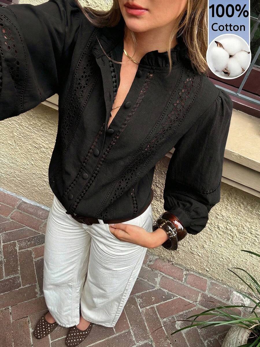 女士纯色前开襟休闲长袖衬衫 - 黑色 - 查看 1