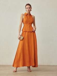 MOTF PREMIUM Áo sơ mi không tay kiểu dáng sơ mi, chất liệu vải lanh, khóa kim loại trang trí, thích hợp cho mùa xuân/hè. - trái cam - Xem 5