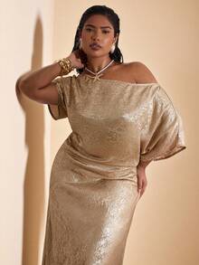 SHEIN BAE Plus Size Autumn/Winter Solid Gold Textured Asymmetric Shoulder Top, Gold Women's Oblique Shoulder Top, Suitable For Nightclub Party, Going Out , Old Money, Work/Office, Business Casual Woman, Office For Women, Valentine's Day - Gold - View 2