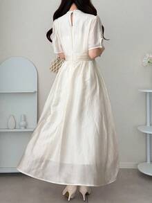 FRIFUL Đầm dài nữ cổ tròn, dây chéo phía trước, màu trơn, kiểu dáng thanh lịch, thích hợp cho công sở, mùa hè. - Màu be - Xem 8