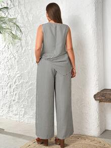 Rosumi 2pc Set Plus Size Women's Summer Elegant Vacation Black And White Striped Sleeveless Asymmetrical Tank Top And Wide Leg Pants,Smart Casual Boho Set - Multicolor - View 2