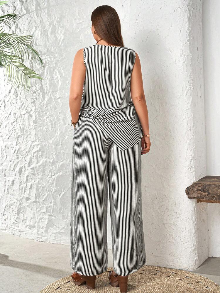 2pc Set  Plus Size Women's Summer Casual Vacation Country Striped Sleeveless Pleated Asymmetrical Hem Tank Top And Wide Leg Pants 2 Piece Set With Pockets, Spring/Summer,Summer\Vacation,Summer Holiday,Spring Break Outfits ,Vacation Outfits Women ,Holiday Outfits For Women,Going Out Outfits,2026 New Clothes,Simple And Fashionable For Everyday Wear,Suitable For Summer, Vacation, Daily Wear,Modest Two Piece Set, Plus Size Summer Sets,Plus Size Pants Set,Boho Set,Boho Pants Set For Women,Wide Leg Pants Set,2 Piece Casual Sets Woman, Two Piece Set Women Comfy,Casual Home Set,Striped Set