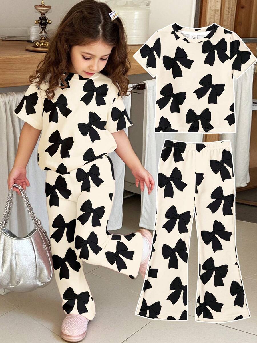 SHEIN Retro Sweet Black Bow Print Young Girl Casual Cartoon Pattern Round Neck Short Sleeve Top And Flare Pants 2-Piece Set,Suitable For Summer Campus,Home - Multicolor - View 1