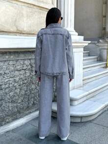 RueChic 100% Cotton WOMEN SUIT DENIM SET SHIRT AND PANTS - Medium Wash - View 2