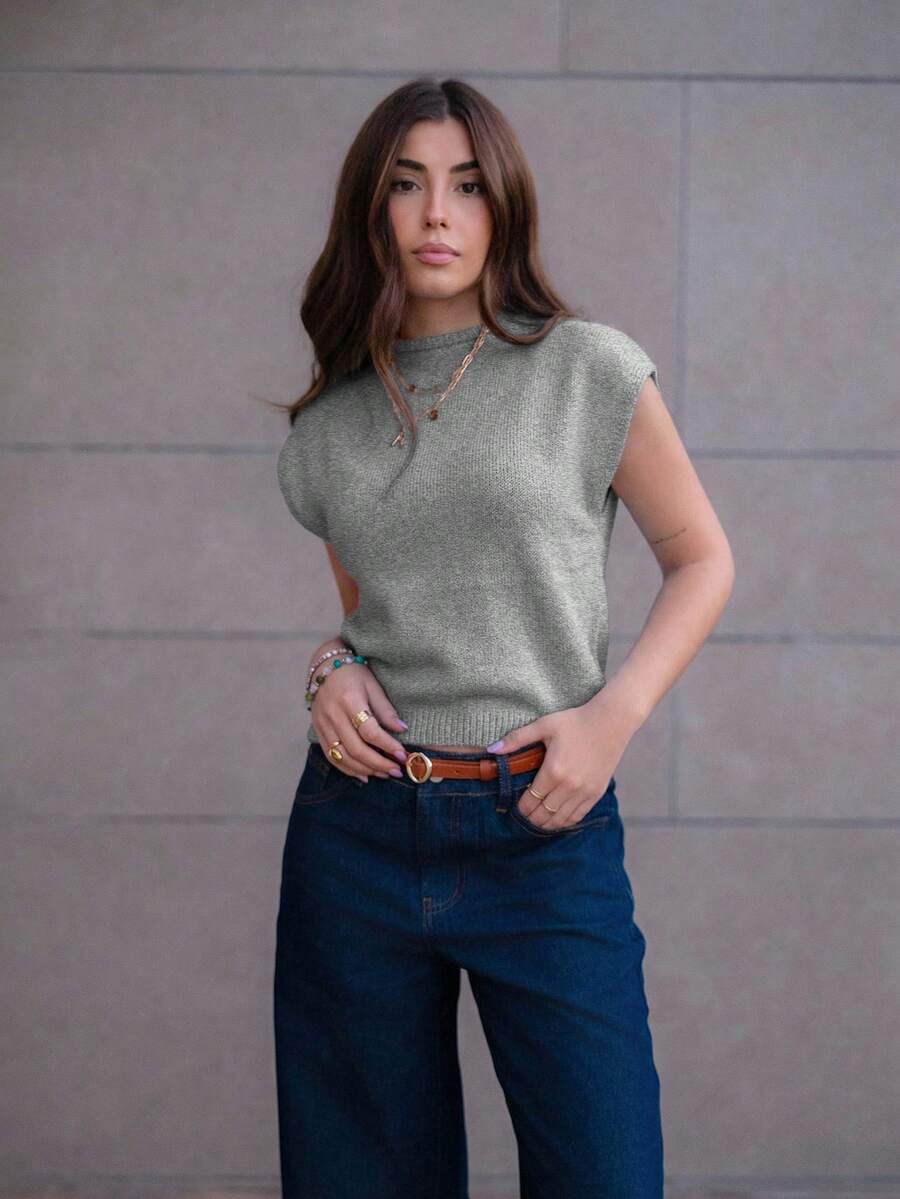 Hitanina 优雅高领宽松休闲百搭秋冬无袖针织毛衣背心 - 淺灰色 - 查看 1