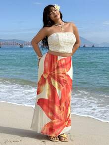 GalTyme Plus Size Floral Print Skirt For Beach/Resort,For Daily Commute,Date, Commute, Party,Fall /Autumn/Winter/Summer,Christmas,New Year,Thanksgiving,Party,Wedding,Beach,Graduati,Chic,Elegant,Casual,Going Out,Date,Appointment,Commute,Shining,Valentine's Day,Elegant ,Vacation,Casual,Y2k,Going Out,Graduation,Beach - Yellow - View 3
