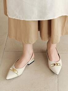 女士新款时尚舒适优雅尖头无后跟绑带粗跟一脚蹬高跟鞋，适合搭配连衣裙，显瘦 - 米色 - 查看 5