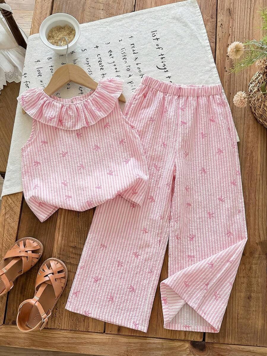 SHEIN 2pcs Young Girl Ditsy Floral Ruffle Trim Top And Loose Fit Pants Set - Pink - View 1